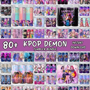 May include: A collection of over 80 K-Pop Demon themed tumbler designs. The tumblers feature various colorful illustrations of K-Pop stars and anime-style characters. The text "80+ KPOP DEMON TUMBLER BUNDLE" is displayed prominently.