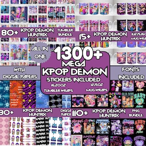 May include: A collection of KPOP-themed merchandise, including tumblers, mugs, stickers, and digital papers. The image features various designs and the text "KPOP DEMON HUNTRIX" and "1300+ MEGA KPOP DEMON STICKERS INCLUDED".