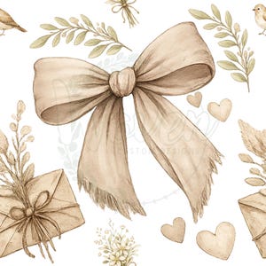 May include: Watercolor illustration featuring a large beige bow with frayed edges, surrounded by botanical elements. The design includes sprigs, hearts, envelopes, and small birds, all in soft, neutral tones against a white background.