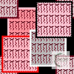 May include: A collage of patterned fabric swatches featuring a repeating design of dark red bows and ribbons on various shades of pink and gray backgrounds. The swatches have scalloped edges and are arranged on a black background.