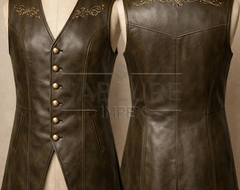 Chaleco largo de cuero hecho a mano, acabado vintage marrón oscuro, bordado minimalista, chaleco unisex.