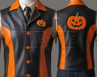 Schwarze & orange Halloween-Lederweste aus Rindsleder - Kürbisstickerei - Halloween-Mode