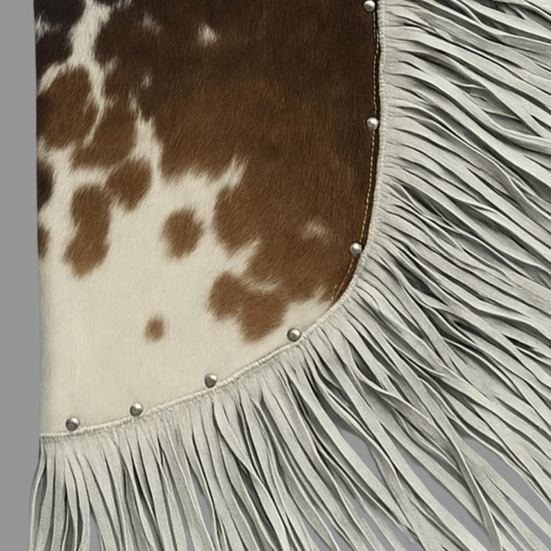 May include: A cowhide leather item with a brown and white spotted pattern. The edge is trimmed with light gray fringe and silver-colored studs.