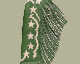 Green Leather Fringe Chaps – Western Rodeo Star Design Cowboy Chaps for Men & Women
