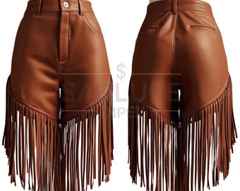 Women's Cowhide Leather Fringe Shorts, High Waisted Western Boho Hot Pants