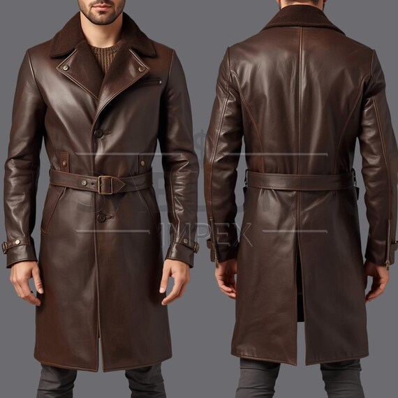 Men's Dark Brown Cowhide Leather Trench Coat – Handmade Full