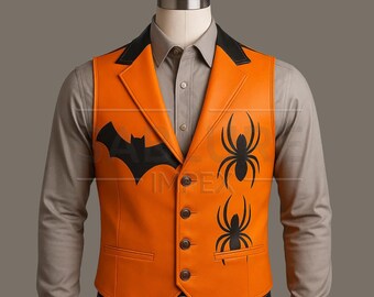 Men’s Halloween Leather Vest – Orange & Black Bat Spider Print – Genuine Cowhide, Gothic Costume Style