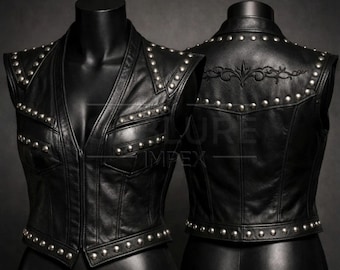 Zwart leren damesvest met studs | Gotisch bikerpunkvest