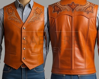 Handmade Cowhide Leather Vest – Western Style Embroidered Vintage Waistcoat for Men