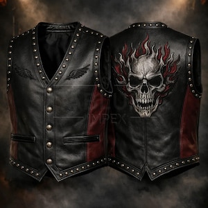 Gothic Skull Leather Vest, Studded Biker Punk Motorcycle, Flaming Back Print