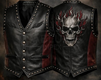Gothic Skull Leather Vest, Studded Biker Punk Motorcycle, Flaming Back Print