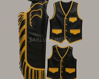 Handmade Leather Cowboy Chaps and Vest Set - Western Rodeo Outfit