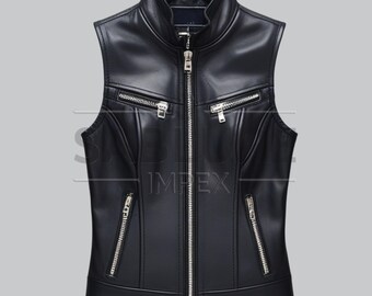 Women’s Leather Vest Black with Large Colorful Butterfly Back Design – Sleeveless Biker Fashion Top