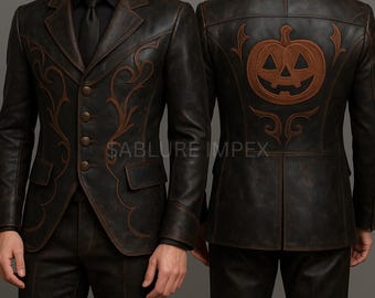 Vintage Gothic Cowhide Leather Halloween Suit Pent coat: Pumpkin Design
