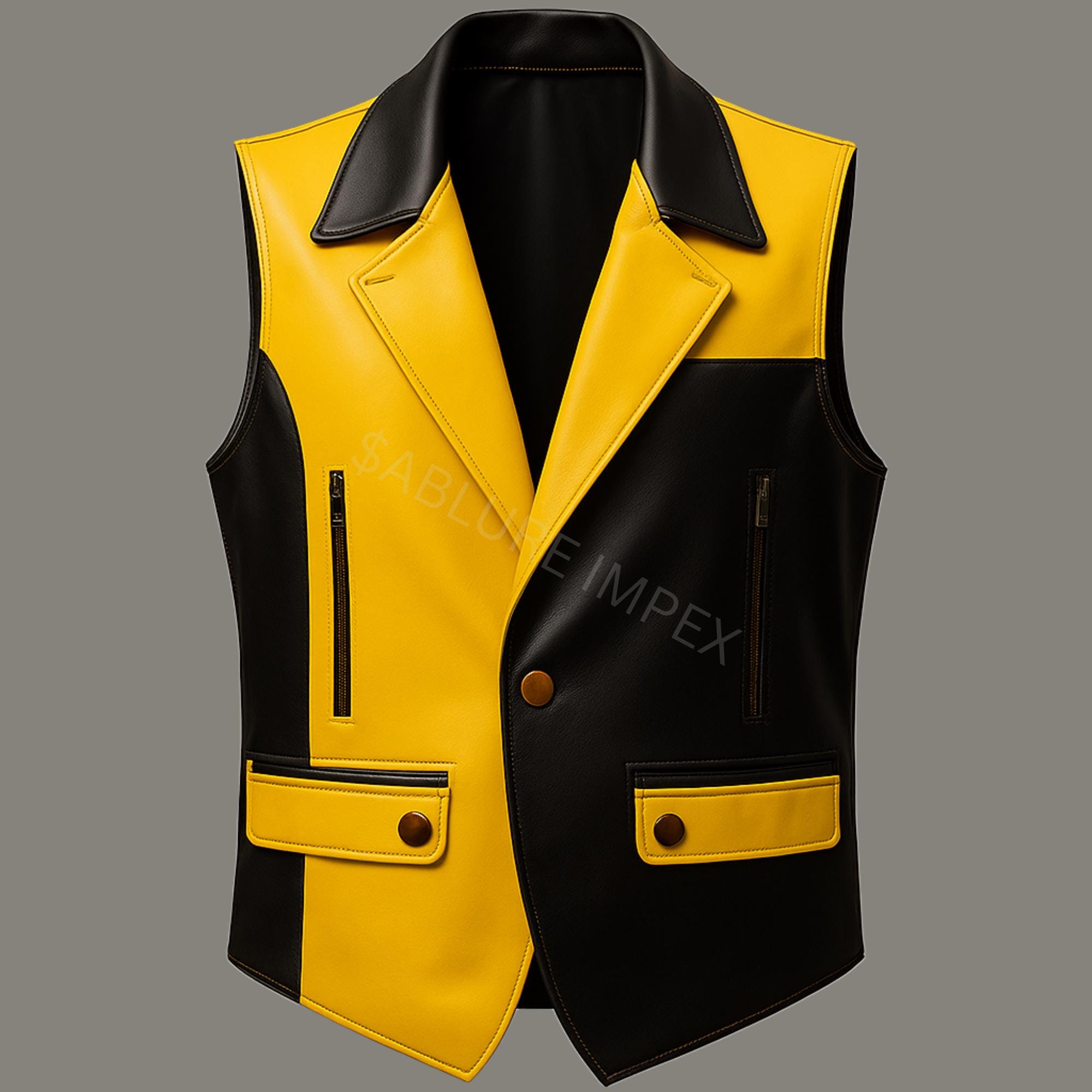 Men's Yellow and Black Cowhide Leather Vest - Handmade Western Biker Style Waistcoat
