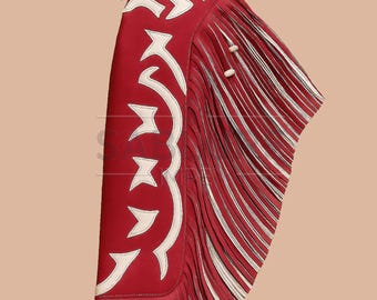 Handmade Red Leather Fringe Chaps: Western Rodeo Riding Gear