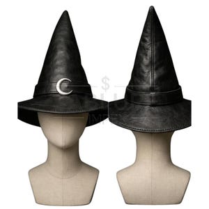 Handmade Leather Witch Hat, Gothic Black Pointed Wizard Cap, Moon Buckle Cosplay Festival Accessory