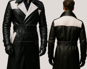 May include: A black leather trench coat with white shoulder and lapel accents. The double-breasted coat features a belt, long sleeves, and is worn with black gloves. The coat is shown from the front and back.