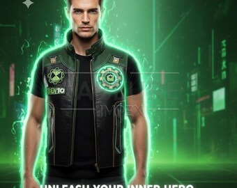 Green Sci-Fi Cowhide Leather Vest | Handmade Sleeveless Biker Jacket