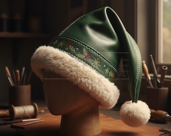 Puede incluir: Un gorro de elfo de cuero verde con ribete de piel blanca y un pompón blanco. El gorro tiene detalles bordados de acebo y estrellas. El gorro se exhibe en una forma de cabeza de madera sobre una superficie de cuero marrón.