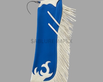 Handmade Rodeo Leather Chaps with Fringe | Western Riding Gear | Blue and White Cowboy Chap