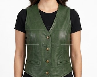 Women's Vintage Style Leather Vest | Fitted Button Waistcoat | Gothic Biker Fashion