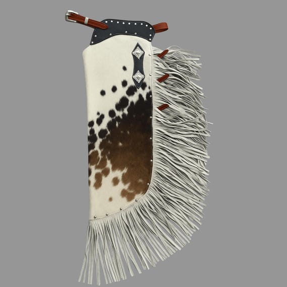Men’s Cowhide Leather Rodeo Chaps – Western Bronc Riding Show Chaps with White Fringe