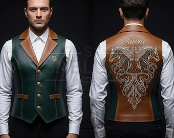 May include: A two-toned leather vest with a green front and brown collar and back. The back features an embroidered design of two horses and the word "Sablure". The vest has gold buttons and a small emblem.