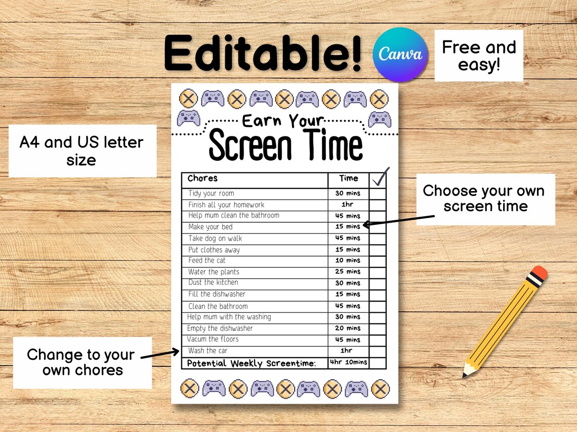 Digital Customizable Screen Time Reward Chart A4 US Letter Size Kids ...