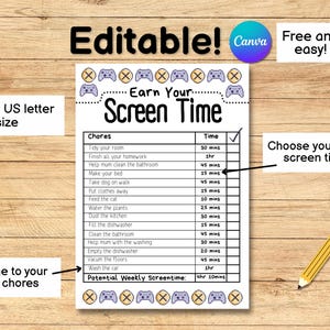 Digital Customizable Screen Time Reward Chart A4 US Letter Size Kids ...