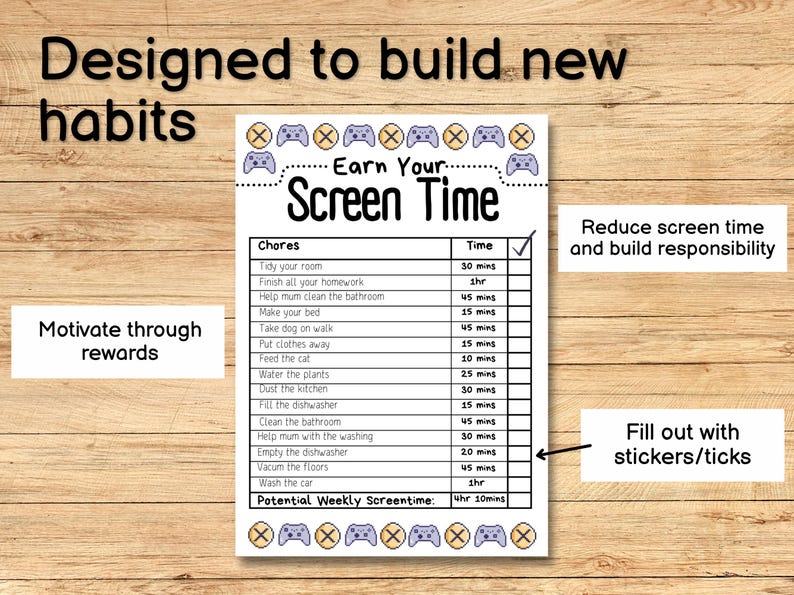Digital Customizable Screen Time Reward Chart A4 US Letter Size Kids ...