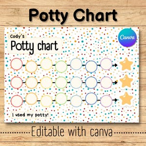 May include: A colourful potty chart with the text "Potty Chart" at the top and "Cody's Potty chart" in the centre. The chart has circles and star stickers for tracking progress. The text "I used my potty!" is at the bottom.