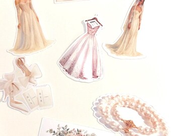 May include: Watercolor illustrations of wedding-themed items, including a bridal gown, a pink dress on a hanger, a bouquet of flowers, a pearl necklace, and a pair of bridal shoes. Also included is an envelope with a wax seal.