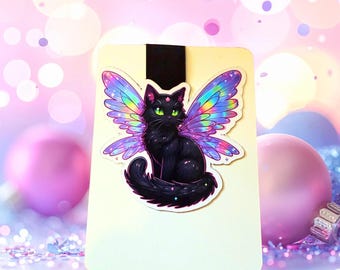 Fairy Cat Magnetic Bookmark: Pastel Rainbow Wings, Bookish Gift