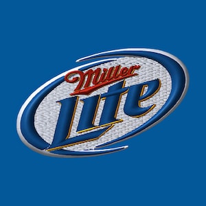 May include: Embroidered Miller Lite logo on a blue background. The logo features the words "Miller" in red script above "Lite" in blue with gold accents, all within a white and blue oval.