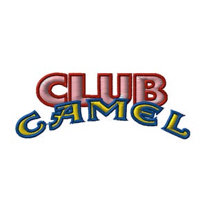 Puede incluir: Parche bordado con el texto "CLUB CAMEL". La palabra "CLUB" es roja con interior rosa, y "CAMEL" es azul con contorno amarillo. El parche está diseñado para ropa o accesorios.