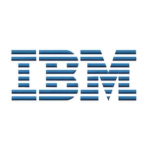 May include: The IBM logo, a stylized wordmark, is rendered in a bold, horizontal striped design. The letters "I", "B", and "M" are in a deep blue color, set against a clean white background. The logo is a well-known symbol of the technology company.
