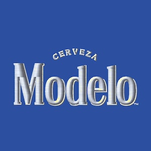 May include: The word "Modelo" in a silver, textured font, with a yellow outline, is displayed on a blue background. Above the word "Modelo" is the word "CERVEZA" in a similar font.