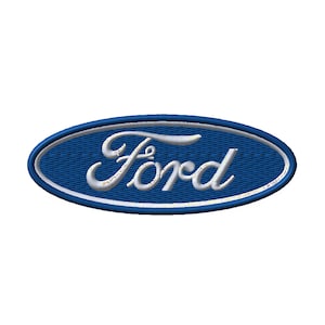 Op de afbeelding: Geborduurde patch met het Ford-logo. Het logo heeft een ovale vorm met een blauwe achtergrond en een witte rand. Het woord "Ford" is in witte letters geschreven.