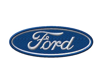 May include: Embroidered patch featuring the Ford logo. The logo is an oval shape with a blue background and a white border. The word "Ford" is written in a cursive font in white.