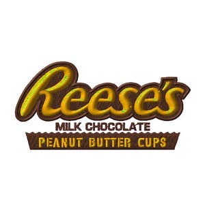 Könnte beinhalten: Das Reese's-Logo mit dem Markennamen in Braun, Gelb und Grün. Der Text "MILK CHOCOLATE" und "PEANUT BUTTER CUPS" wird ebenfalls in einem braunen, gelben und grünen Farbschema angezeigt.