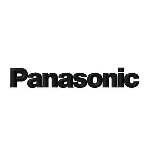 Könnte beinhalten: Das Wort "Panasonic" in einer fetten, schwarzen, strukturierten Schrift ist vor einem weißen Hintergrund zentriert. Die Buchstaben scheinen einen leicht erhabenen, dreidimensionalen Effekt zu haben.