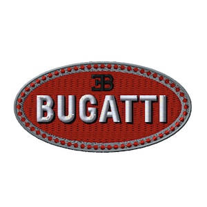 May include: An oval patch featuring the word "BUGATTI" in silver lettering. The patch has a red, stitched background and a silver border. The Bugatti logo is displayed at the top.