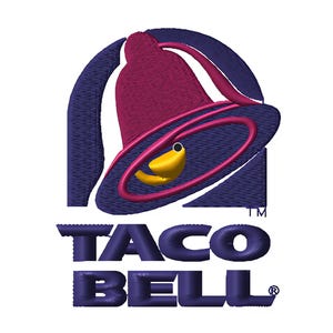 May include: Embroidered Taco Bell logo featuring a stylized bell in shades of purple and magenta, with a yellow pepper. The text "TACO BELL" is displayed below the bell in a matching purple color. The logo is on a white background.