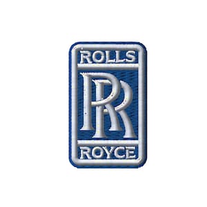 May include: A rectangular emblem with a blue background and a white border. The emblem features the words "ROLLS" and "ROYCE" in white, with the intertwined "RR" logo in the centre. The design has a textured, slightly 3D appearance.
