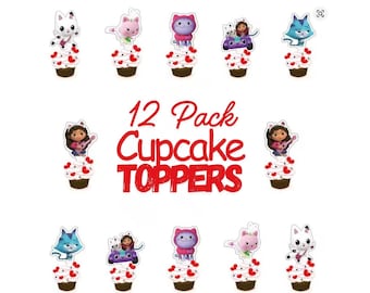 Gabby Dollhouse Cupcake Toppers 12 Pack – Kids Birthday Party Decorations, Triangular Tab Picks, Cat-Tastic Party Supplies
