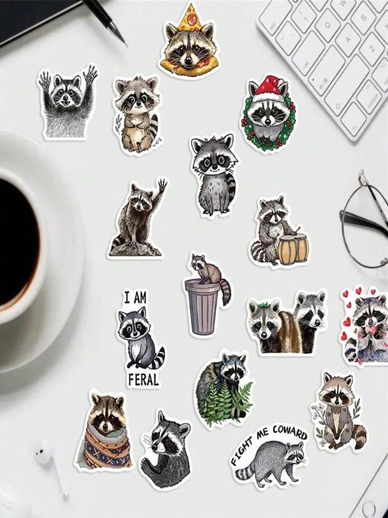50PCS Cartoon Raccoon Stickers Pack | Cute Animal Vinyl Decals for ...