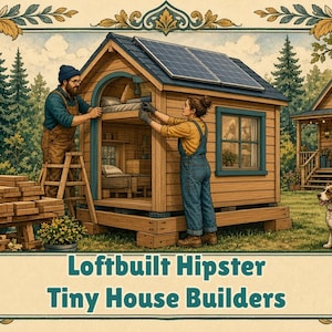 Può includere: Una piccola casa in legno in costruzione con pannelli solari sul tetto, due persone che lavorano alla struttura, una pila di legname e un cane. Il testo recita Loftbuilt Hipster Tiny House Builders.