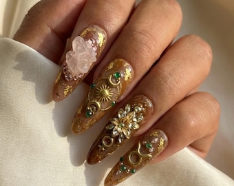The Taurus Empress Luxury Zodiac Press-On Nails | Amber Marble, Gold Bull & Raw Quartz Crystal
