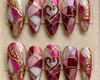 Stained Glass Heart Press On Nails, Handmade Gold Foil Mosaic Nail Art
